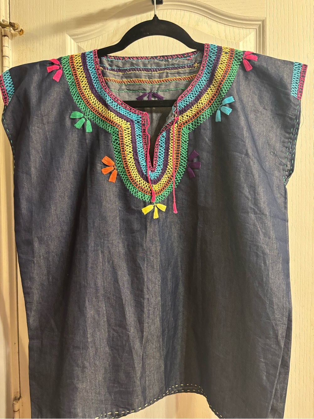Embroidered Denim Tunic with Rainbow Trim